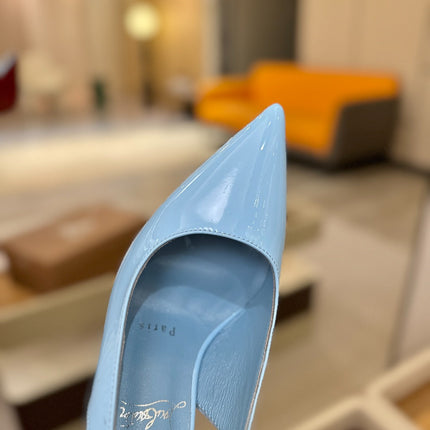 CHRISTIAN LOUBOUTIN 26S SLINGBACK HEELS 105 MM IN SKY BLUE PATENT CALFSKIN