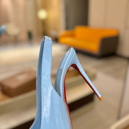 CHRISTIAN LOUBOUTIN 26S SLINGBACK HEELS 105 MM IN SKY BLUE PATENT CALFSKIN