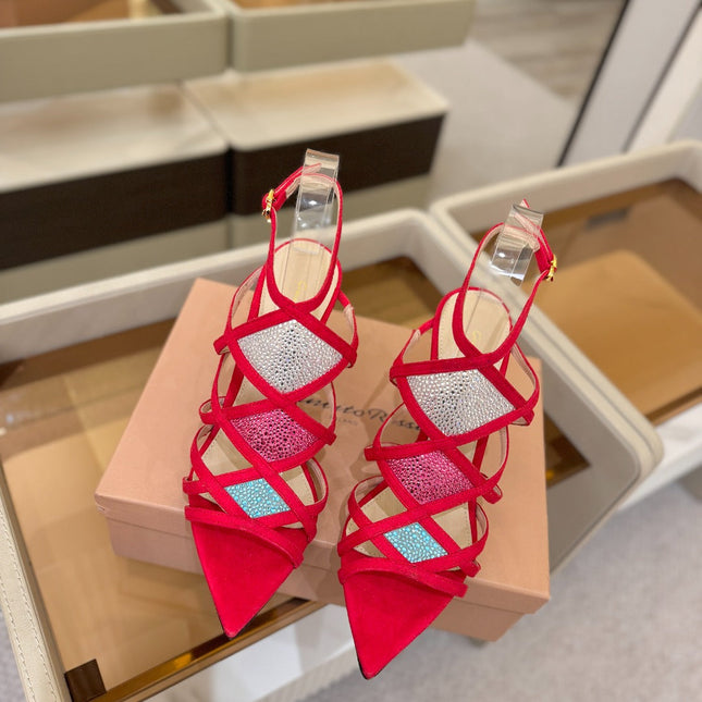 GIANVITO ROSSI 26S CROSS STRAP HEELS 85 MM IN RED SUEDE