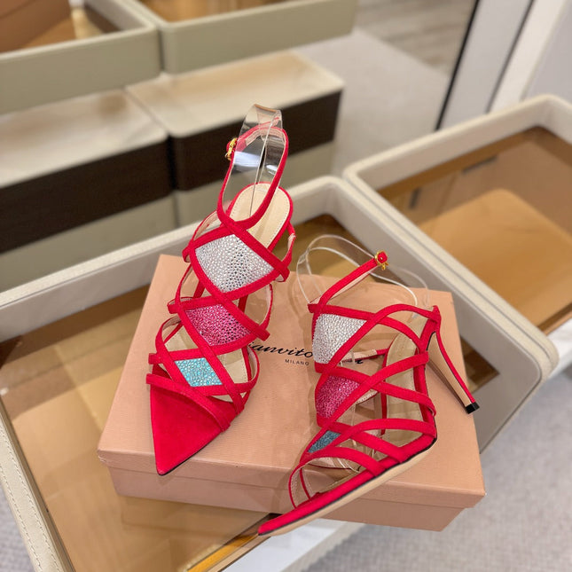 GIANVITO ROSSI 26S CROSS STRAP HEELS 85 MM IN RED SUEDE