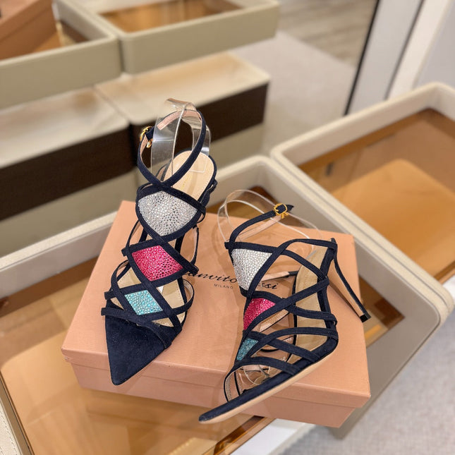 GIANVITO ROSSI 26S CROSS STRAP HEELS 85 MM IN NAVY BLUE SUEDE