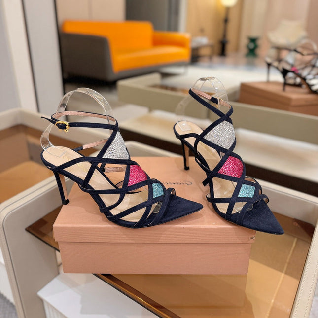 GIANVITO ROSSI 26S CROSS STRAP HEELS 85 MM IN NAVY BLUE SUEDE