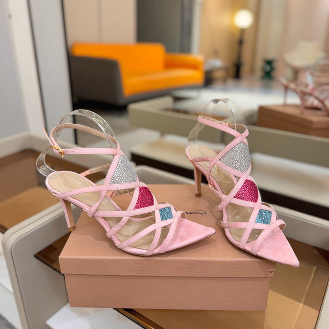 GIANVITO ROSSI 26S CROSS STRAP HEELS 85 MM IN PINK SUEDE