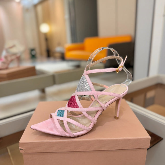 GIANVITO ROSSI 26S CROSS STRAP HEELS 85 MM IN PINK SUEDE