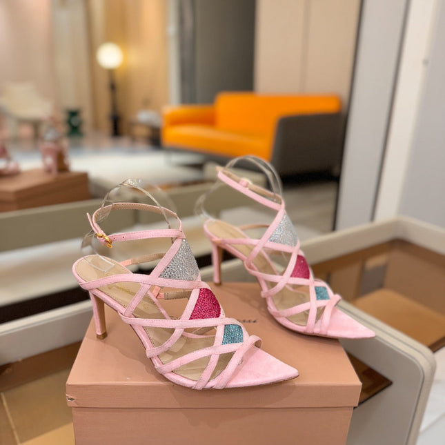 GIANVITO ROSSI 26S CROSS STRAP HEELS 85 MM IN PINK SUEDE