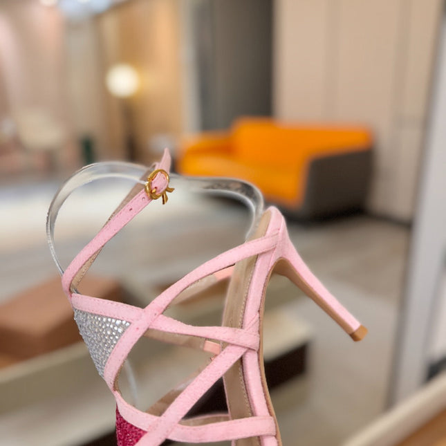 GIANVITO ROSSI 26S CROSS STRAP HEELS 85 MM IN PINK SUEDE