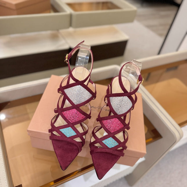 GIANVITO ROSSI 26S CROSS STRAP HEELS 85 MM IN DARK RED SUEDE