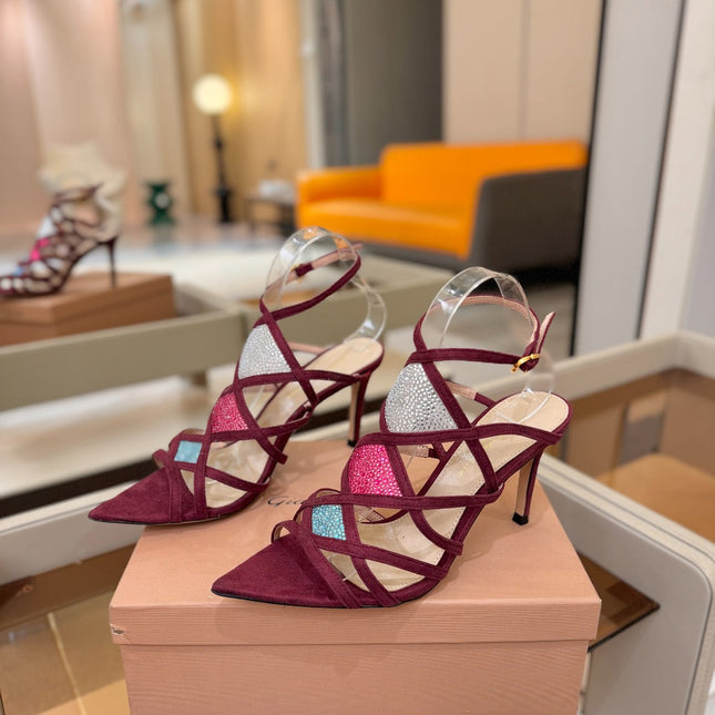 GIANVITO ROSSI 26S CROSS STRAP HEELS 85 MM IN DARK RED SUEDE
