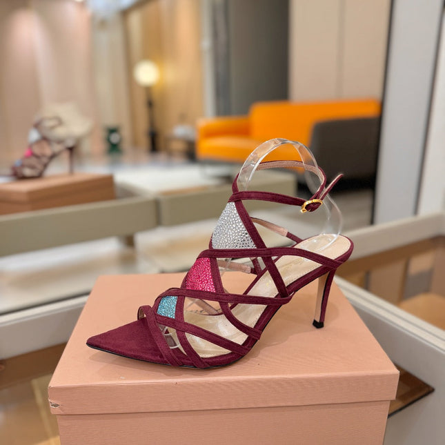 GIANVITO ROSSI 26S CROSS STRAP HEELS 85 MM IN DARK RED SUEDE