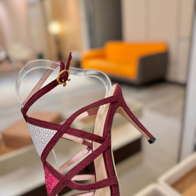 GIANVITO ROSSI 26S CROSS STRAP HEELS 85 MM IN DARK RED SUEDE