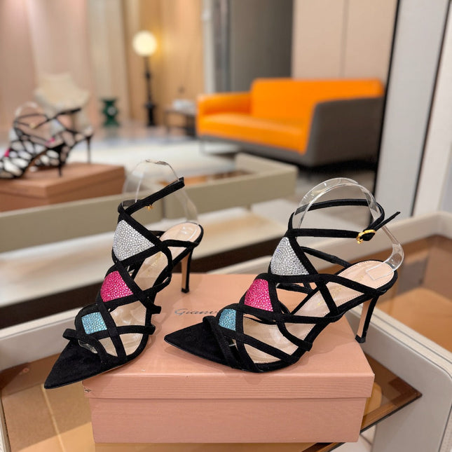 GIANVITO ROSSI 26S CROSS STRAP HEELS 85 MM IN BLACK SUEDE