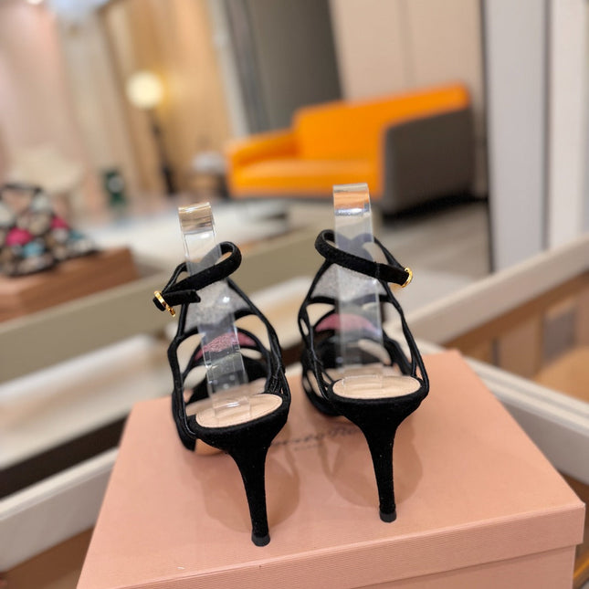 GIANVITO ROSSI 26S CROSS STRAP HEELS 85 MM IN BLACK SUEDE