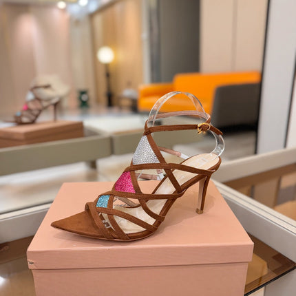 GIANVITO ROSSI 26S CROSS STRAP HEELS 85 MM IN BROWN SUEDE