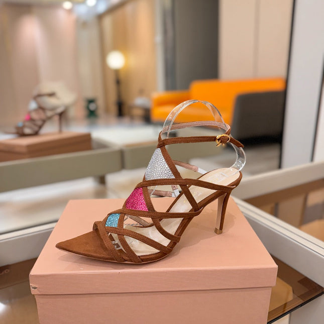 GIANVITO ROSSI 26S CROSS STRAP HEELS 85 MM IN BROWN SUEDE