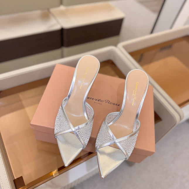 GIANVITO ROSSI 26S POINTED TOE HIGH HEELS 85 MM IN SILVER LAMBSKIN WITH RHINESTONE STRAP