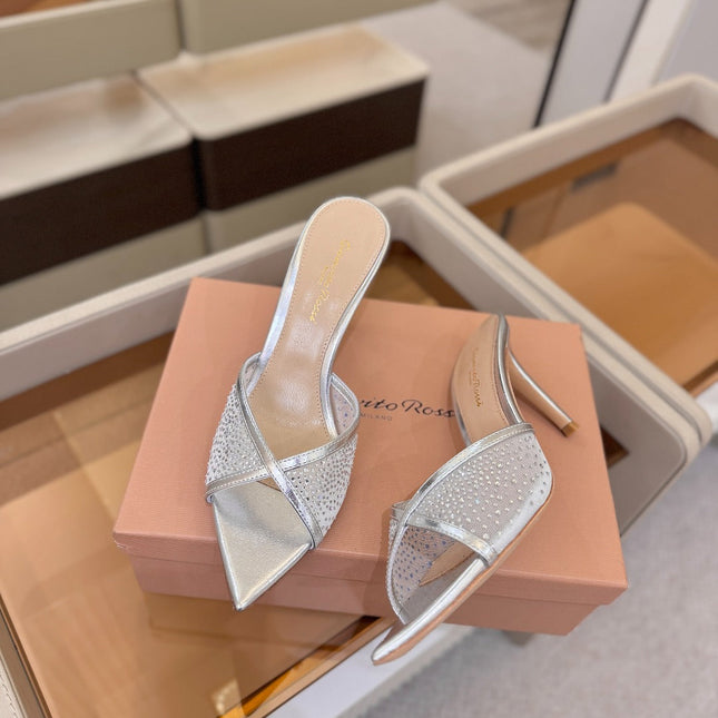 GIANVITO ROSSI 26S POINTED TOE HIGH HEELS 85 MM IN SILVER LAMBSKIN WITH RHINESTONE STRAP