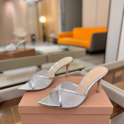 GIANVITO ROSSI 26S POINTED TOE HIGH HEELS 85 MM IN SILVER LAMBSKIN WITH RHINESTONE STRAP