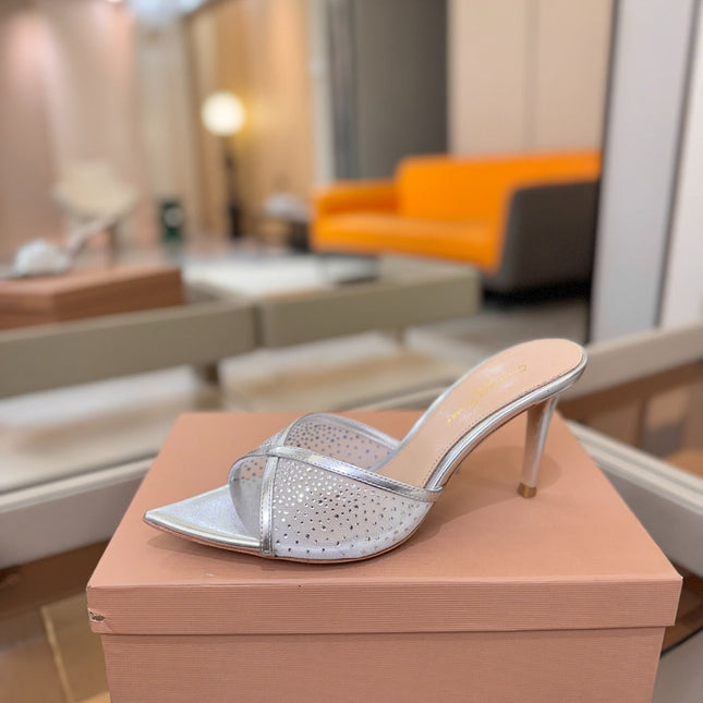 GIANVITO ROSSI 26S POINTED TOE HIGH HEELS 85 MM IN SILVER LAMBSKIN WITH RHINESTONE STRAP