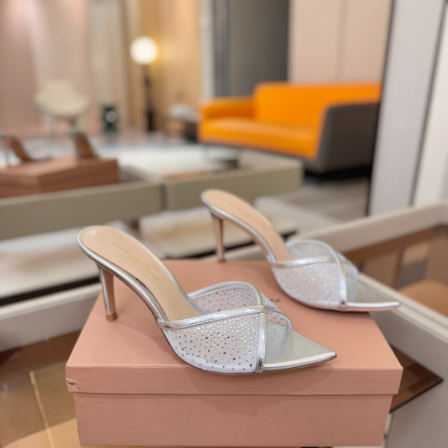 GIANVITO ROSSI 26S POINTED TOE HIGH HEELS 85 MM IN SILVER LAMBSKIN WITH RHINESTONE STRAP