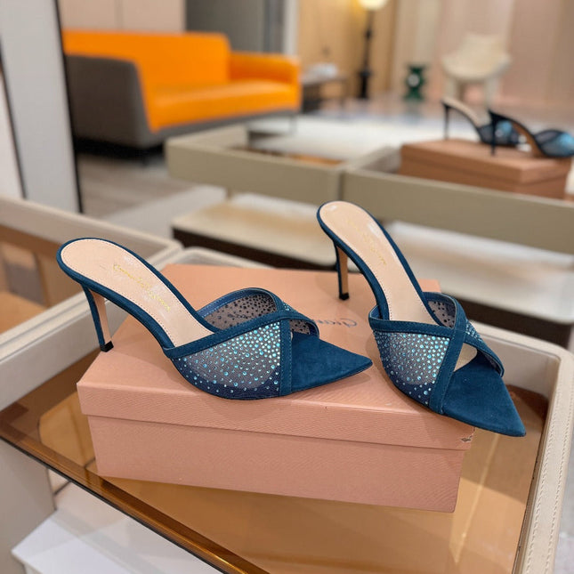 GIANVITO ROSSI 26S POINTED TOE HIGH HEELS 85 MM IN DEEP OCEAN BLUE SUEDE WITH RHINESTONE STRAP