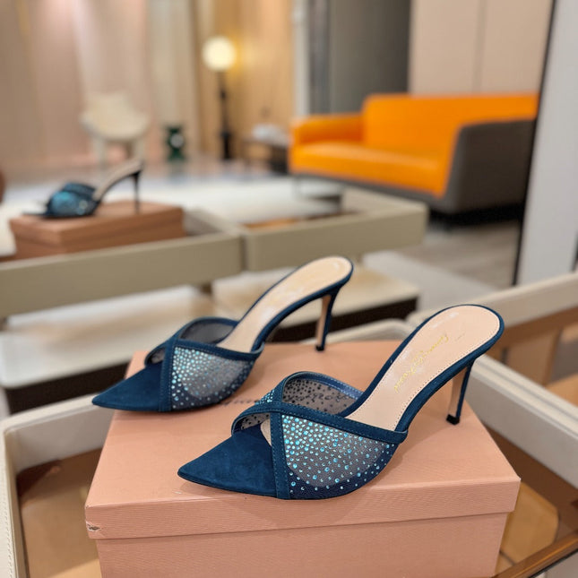 GIANVITO ROSSI 26S POINTED TOE HIGH HEELS 85 MM IN DEEP OCEAN BLUE SUEDE WITH RHINESTONE STRAP
