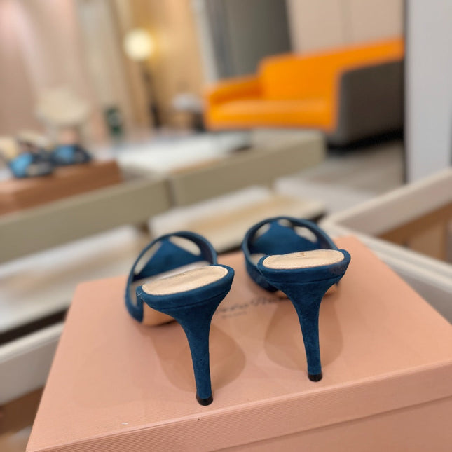 GIANVITO ROSSI 26S POINTED TOE HIGH HEELS 85 MM IN DEEP OCEAN BLUE SUEDE WITH RHINESTONE STRAP