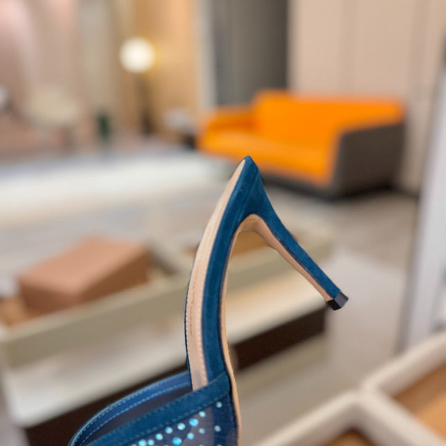 GIANVITO ROSSI 26S POINTED TOE HIGH HEELS 85 MM IN DEEP OCEAN BLUE SUEDE WITH RHINESTONE STRAP
