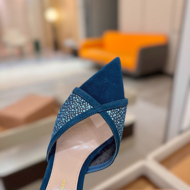 GIANVITO ROSSI 26S POINTED TOE HIGH HEELS 85 MM IN DEEP OCEAN BLUE SUEDE WITH RHINESTONE STRAP