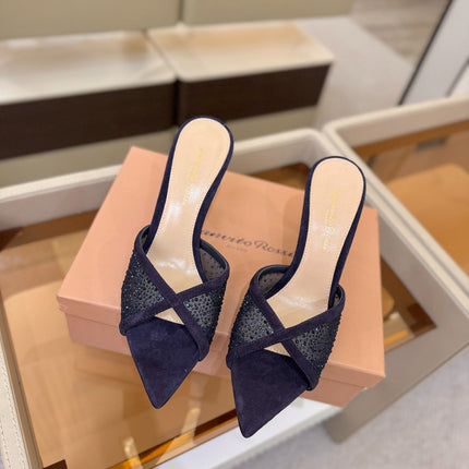 GIANVITO ROSSI 26S POINTED TOE HIGH HEELS 85 MM IN DEEP PURPLE BLUE SUEDE WITH RHINESTONE STRAP