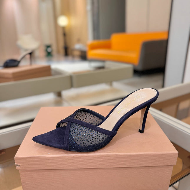 GIANVITO ROSSI 26S POINTED TOE HIGH HEELS 85 MM IN DEEP PURPLE BLUE SUEDE WITH RHINESTONE STRAP