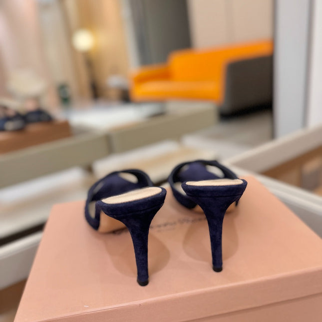 GIANVITO ROSSI 26S POINTED TOE HIGH HEELS 85 MM IN DEEP PURPLE BLUE SUEDE WITH RHINESTONE STRAP