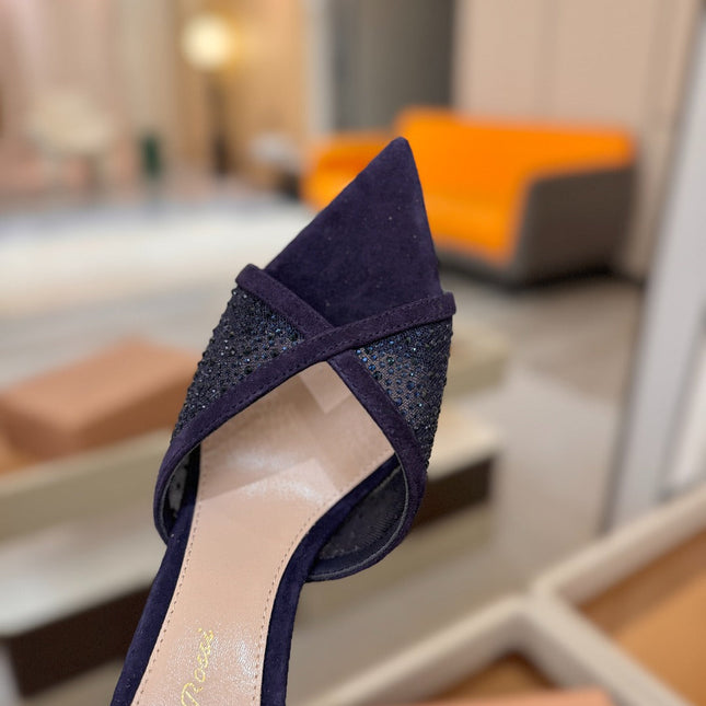GIANVITO ROSSI 26S POINTED TOE HIGH HEELS 85 MM IN DEEP PURPLE BLUE SUEDE WITH RHINESTONE STRAP