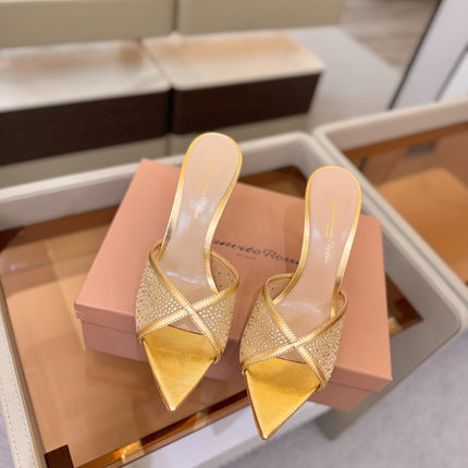 GIANVITO ROSSI 26S POINTED TOE HIGH HEELS 85 MM IN GOLD LAMBSKIN WITH RHINESTONE STRAP