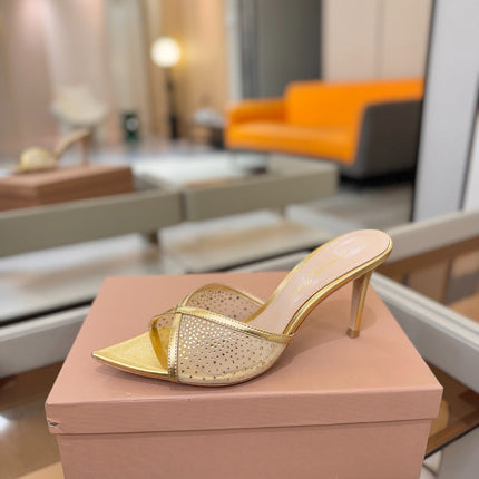 GIANVITO ROSSI 26S POINTED TOE HIGH HEELS 85 MM IN GOLD LAMBSKIN WITH RHINESTONE STRAP