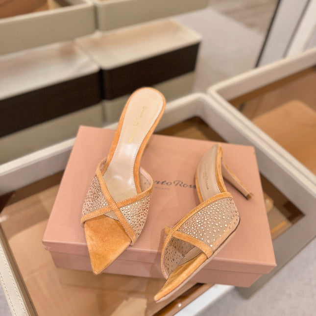 GIANVITO ROSSI 26S POINTED TOE HIGH HEELS 85 MM IN LIGHT ORANGE SUEDE WITH RHINESTONE STRAP