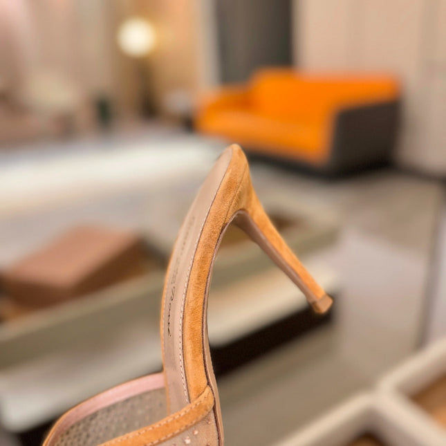 GIANVITO ROSSI 26S POINTED TOE HIGH HEELS 85 MM IN LIGHT ORANGE SUEDE WITH RHINESTONE STRAP