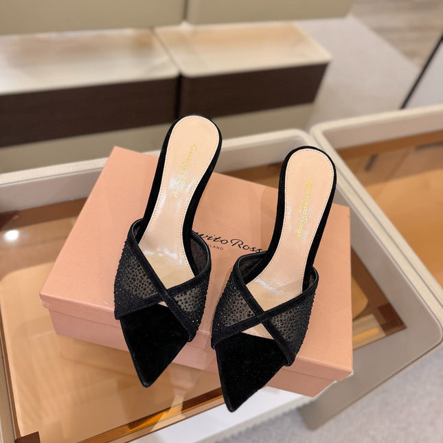 GIANVITO ROSSI 26S POINTED TOE HIGH HEELS 85 MM IN BLACK SUEDE WITH RHINESTONE STRAP