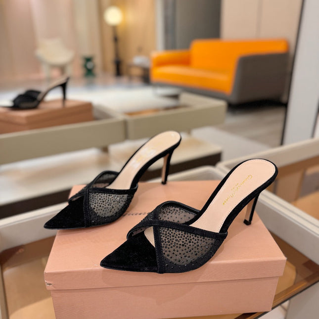 GIANVITO ROSSI 26S POINTED TOE HIGH HEELS 85 MM IN BLACK SUEDE WITH RHINESTONE STRAP