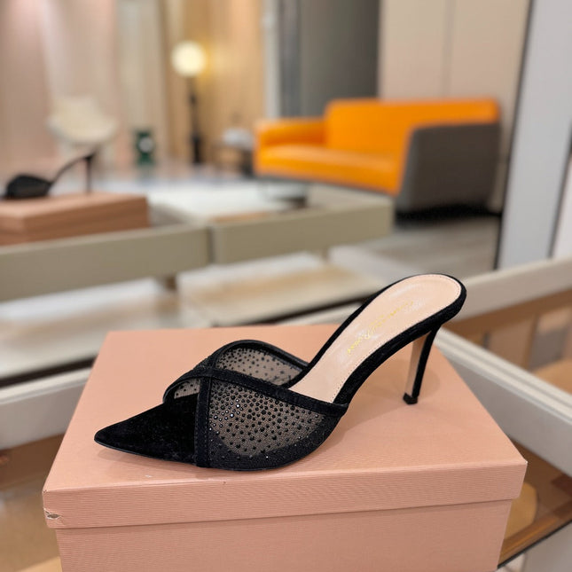 GIANVITO ROSSI 26S POINTED TOE HIGH HEELS 85 MM IN BLACK SUEDE WITH RHINESTONE STRAP