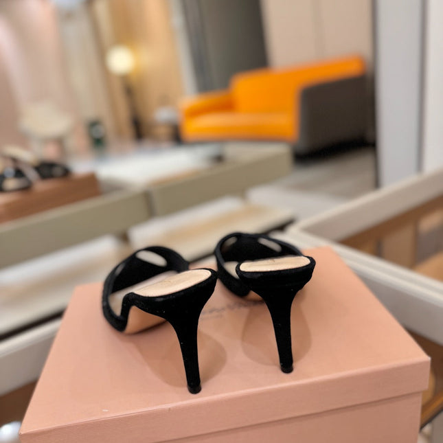 GIANVITO ROSSI 26S POINTED TOE HIGH HEELS 85 MM IN BLACK SUEDE WITH RHINESTONE STRAP