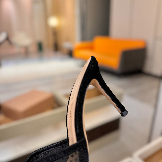 GIANVITO ROSSI 26S POINTED TOE HIGH HEELS 85 MM IN BLACK SUEDE WITH RHINESTONE STRAP