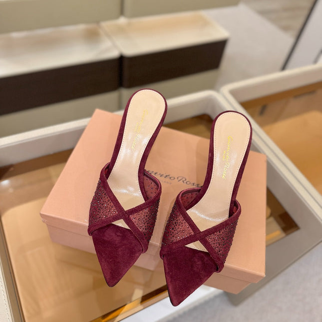 GIANVITO ROSSI 26S POINTED TOE HIGH HEELS 85 MM IN DARK RED SUEDE WITH RHINESTONE STRAP