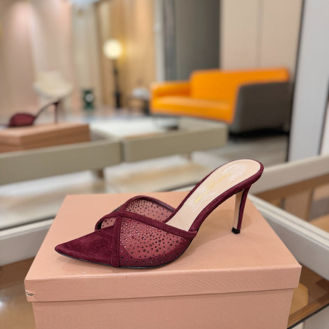GIANVITO ROSSI 26S POINTED TOE HIGH HEELS 85 MM IN DARK RED SUEDE WITH RHINESTONE STRAP
