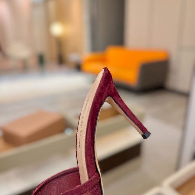 GIANVITO ROSSI 26S POINTED TOE HIGH HEELS 85 MM IN DARK RED SUEDE WITH RHINESTONE STRAP