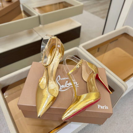 CHRISTIAN LOUBOUTIN 26S T-STRAP HIGH HEELS 105 MM IN GOLD CALFSKIN