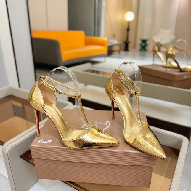 CHRISTIAN LOUBOUTIN 26S T-STRAP HIGH HEELS 105 MM IN GOLD CALFSKIN