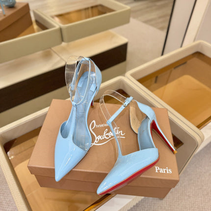 CHRISTIAN LOUBOUTIN 26S T-STRAP HIGH HEELS 105 MM IN SKY BLUE PATENT CALFSKIN