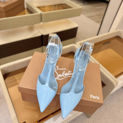 CHRISTIAN LOUBOUTIN 26S T-STRAP HIGH HEELS 105 MM IN SKY BLUE PATENT CALFSKIN