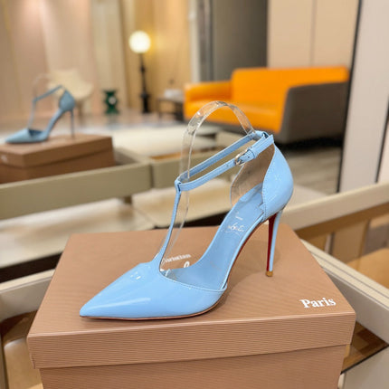 CHRISTIAN LOUBOUTIN 26S T-STRAP HIGH HEELS 105 MM IN SKY BLUE PATENT CALFSKIN