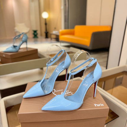 CHRISTIAN LOUBOUTIN 26S T-STRAP HIGH HEELS 105 MM IN SKY BLUE PATENT CALFSKIN